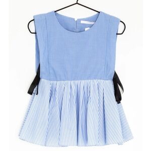 Medium Zara Women’s Blue & White Striped Peplum Top with Black Side Tie Ribbon
